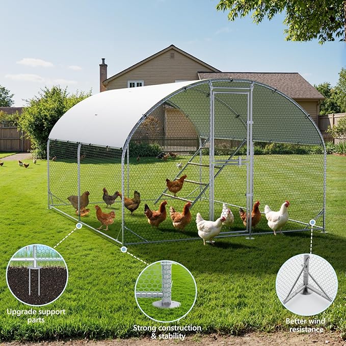 Large Metal Chicken Coop 10x13x6.5FT,Chicken Run for Yard with Feeding Door, Round Top Walk-in Chicken Pen,Outdoor Poultry Cage with Anti-UV Cover,Duck Rabbit House