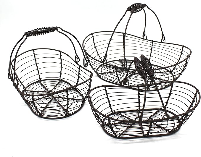 CVHOMEDECO. Oval Metal Wire Storage Baskets Rustic Egg Baskets with Swing Handles Farmhouse Gathering Baskets. Rusty, Set of 3
