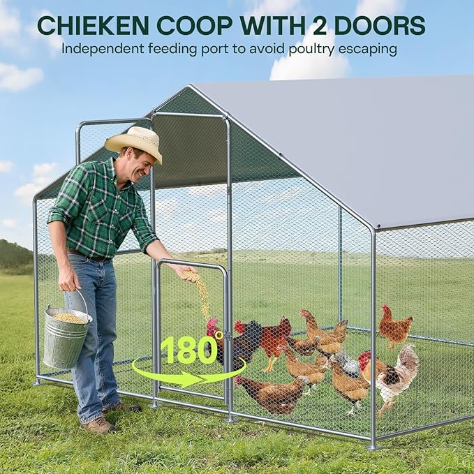 LotFun Metal Chicken Coop, Outdoor Chicken Runs for Yard with Waterproof & Anti-UV Cover, Double Lockable Doors, Outdoor Hen/Duck/Rabbit Runs for 10-30 Chickens (13.1 x 6.6 x 9.8 FT)