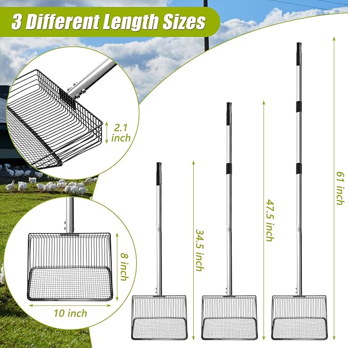 Windspeed 3 in 1 Metal Chicken Poop Scooper 10'' Wide, 61'' Long Adjustable Chicken Coop Pooper Scoop Sifting Shovel Litter for Poultry Litter Scooper Supplies (34-61 in)