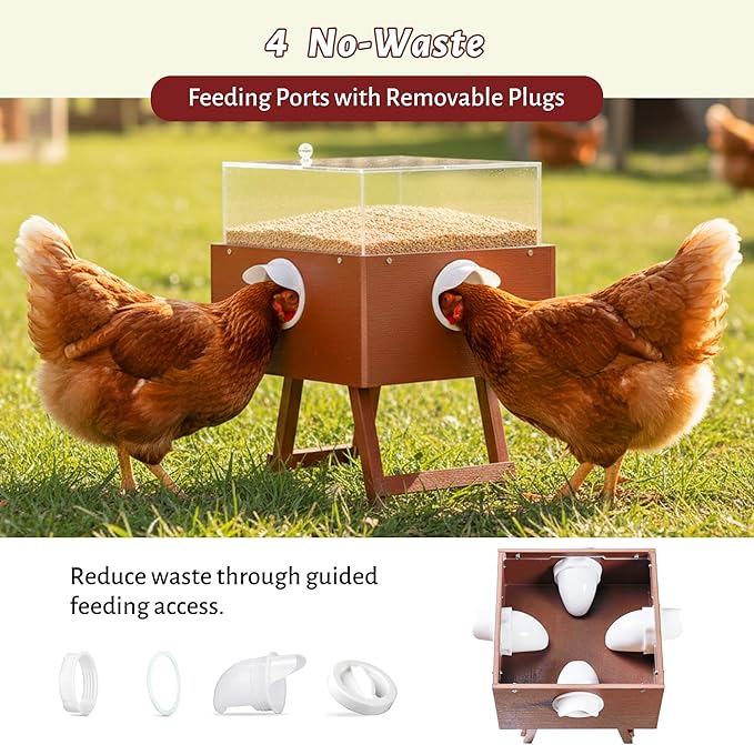 KOL No-Waste Chicken Feeder, 17LB Poultry Feeder with 4 Anti-Spill Ports, Clear-View HIPS & Acrylic Design, Foldable Stand for Hens and Chicks – Automatic Gravity-Flow Feeder
