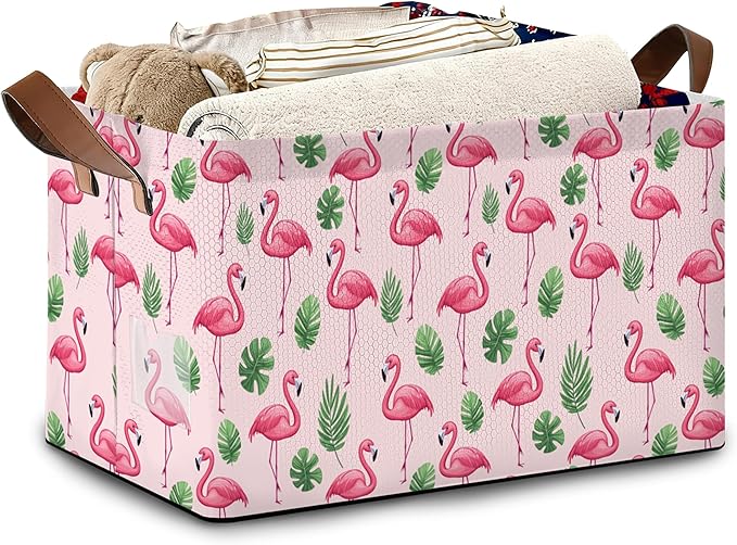 Flamingo Storage Baskets,Palm Leaves Tropical Foldable Organizer Bin with Handles for Home Living Room Bedroom Closet Box 17x11.5x10Inch
