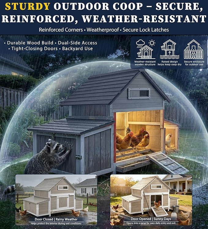 61" Large Outdoor Wooden Chicken Coop for 2– 6 Chickens Compact Backyard Weatherproof Hen House with Raised Floor, 6 Nesting Boxes, 3 Perches & Easy-Clean Slide-Out Tray