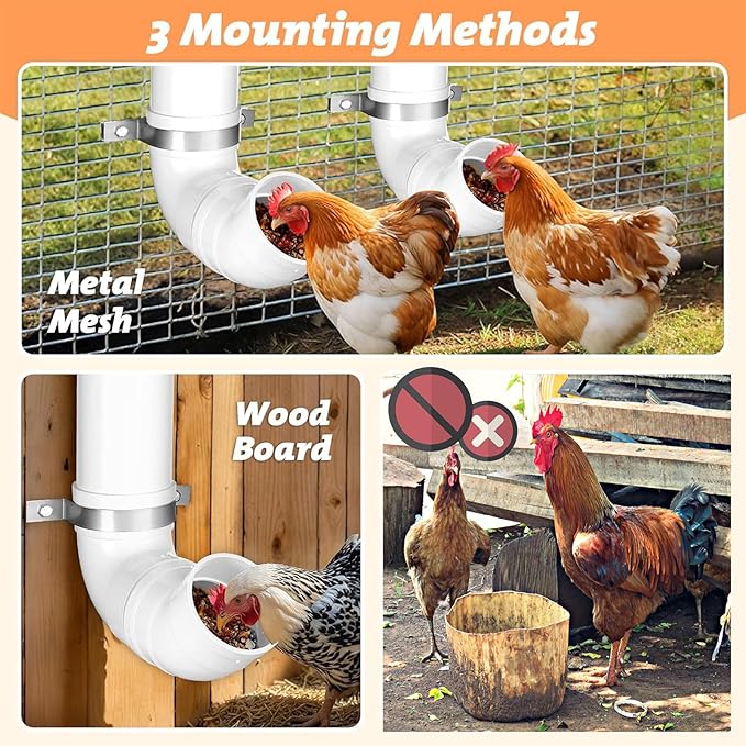 3 Pack Automatic Chicken Feeder No Waste, PVC Pipe Chicken Coop Feeder, Rat Proof Chicken Feeders, with Lid Hanging for Chicken Poultry Feeder