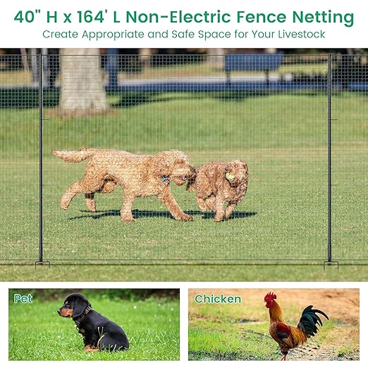 Non Electric Fence Netting 40" x164', Boundary Fence with Double Spiked Posts, Portable Poultry Fence All-Purpose Fencing for Dogs, Chickens, Ducks, Turkeys Suitable in Backyard, Garden, Farm
