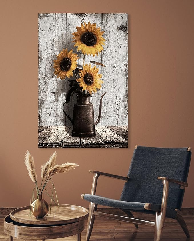 Sunflower Paintings Farmhouse Wall Art: Yellow Sunflowers Canvas Wall Art for Kitchen,Large Floral Pictures Vintage Art Prints Rustic Country Wall Hanging Decor for Bedroom Bathroom 24x36 Inches