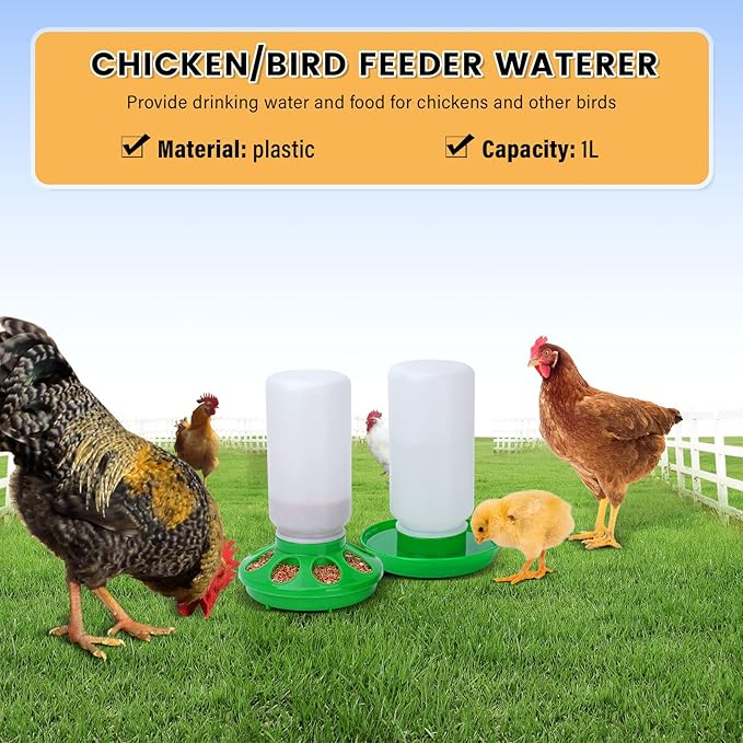 Chicken Feeder and Waterer Set no Waste Chick Feeder and Waterer Kit 1L Chicken Water Feeder Poultry Waterer Baby Chick Starter Kit (Green)