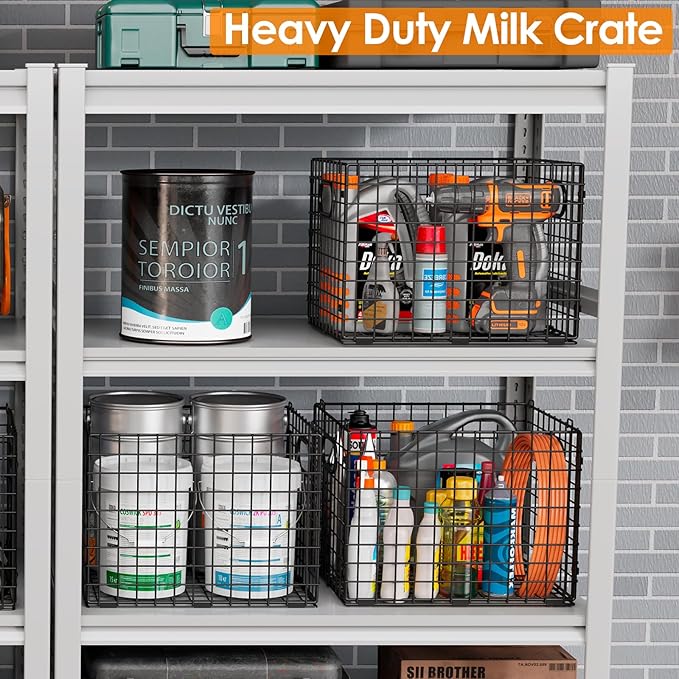 3-Pack Metal Milk Crate for Storage, Large 40qt Stackable Collapsible Storage Bins with Handle, Heavy Duty Storage Baskets for Shelves, Folding Basket Organizer for Car, Garage, Home, Camping, Office