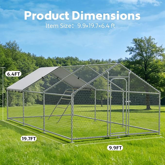 Large Metal Chicken Coop with Roosting Perch, Waterproof and UV-Resistant Cover,Outdoor Walk-in Cage Hen House for Yard Farm Rabbit Duck Chicken Run with Spire Roof (10'W x 19.7'L x 6.4'H)