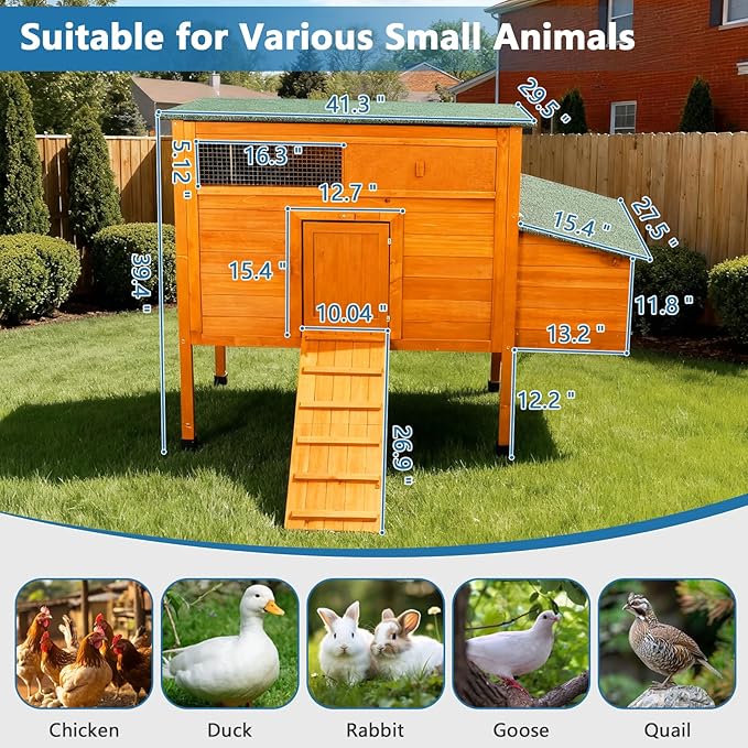 Outdoor Insulated Chicken Coop Weatherproof Wooden Hen House Small Animal Pet Hutch with Elevated Legs Asphalt Roof Removable PVC Layer Nest Box