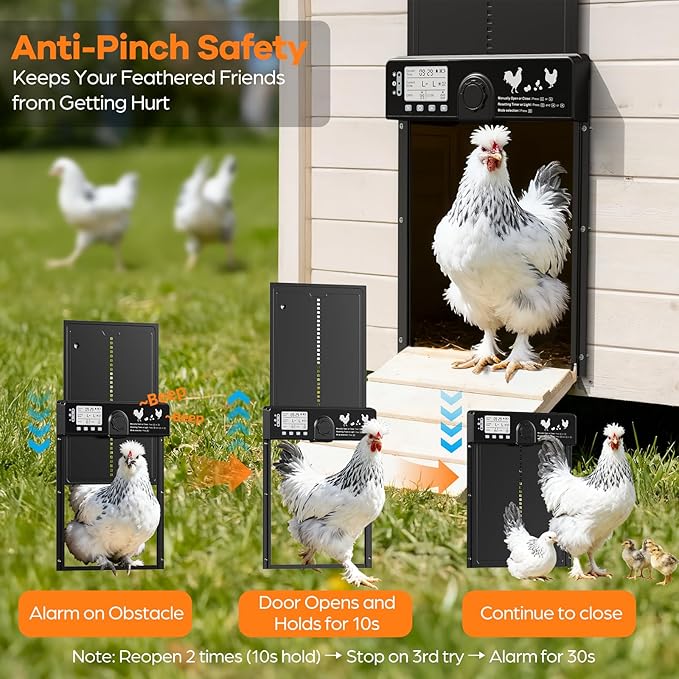 7W Solar Powered Automatic Large Chicken Coop Door with 4 Mode LCD Display, 49ft Remote Control, Timer, Light Sensor, USB-C Charger, Weatherproof Aluminum Alloy Door Applicable to Poultry Duck Coop