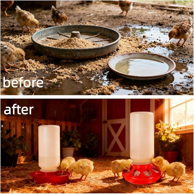 12-Hole No-Scratch & Spill-Proof Chick Feeder, Leak-Resistant Chick Waterer, and Poultry Waterer with Perches - Complete Brooder/Coop Starter Kit for Raising Poultry (Perch)