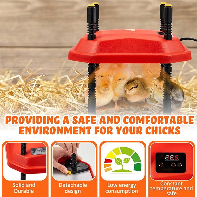 Chick Heating Plate 10x10 Inch, 13W Adjustable Brooder Heater Set with Chick Feeder & Waterer, Safe Low Watt Warming Plate with Adjustable Height for Chicks, Quail & Duck
