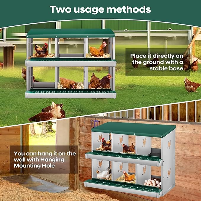 Nesting Boxes for Chickens, 6 Compartments, Nesting Boxes with 4 Dummy Eggs and 10 Dampproof Pets Mats, Green, Stainless Steel, Wall-Mountable & Roll Away Design