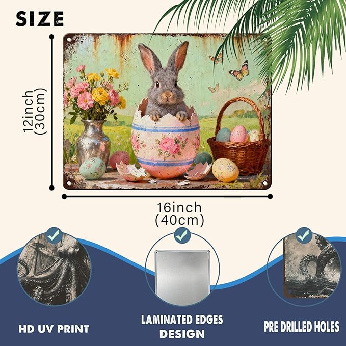 YoyaVex Vintage Easter Bunny Metal Sign Cute Rabbit Design Rustic Farmhouse Wall Art For Home Garden Outdoor Bar Cafe Decor Holiday Renovation 12X16Inch