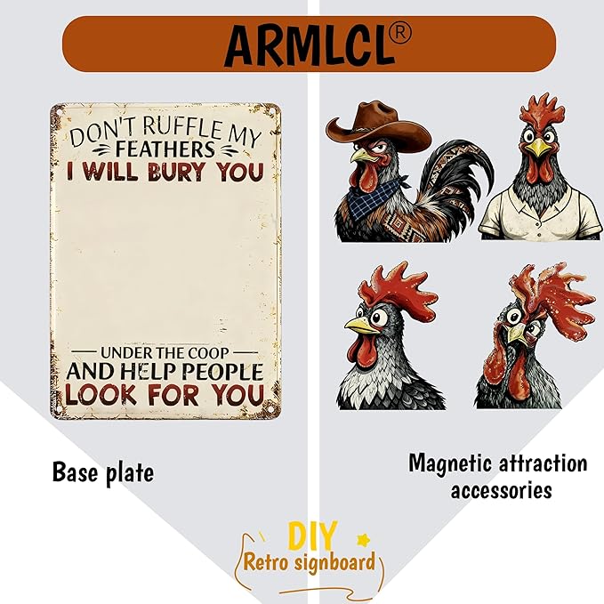 Funny DIY Magnetic Attraction Design,Vintage Chicken Decor Metal Sign, Funny Farmhouse Kitchen Wall Art, Unique Home Decor Gifts for Women, Farmhouse Style Enthusiasts, Retro Chicken Coop Accessories,8*12 Inch (Beige)