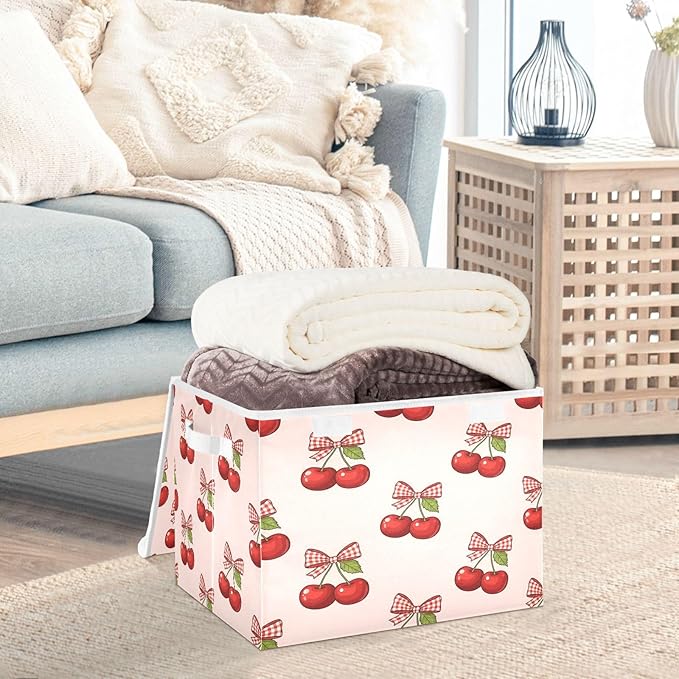Cherry Bows Pattern Storage Bins with Lids Foldable Storage Basket with Handles Collapsible Large Fabric Organizer Containers for Clothes Shelves Closet Office Home