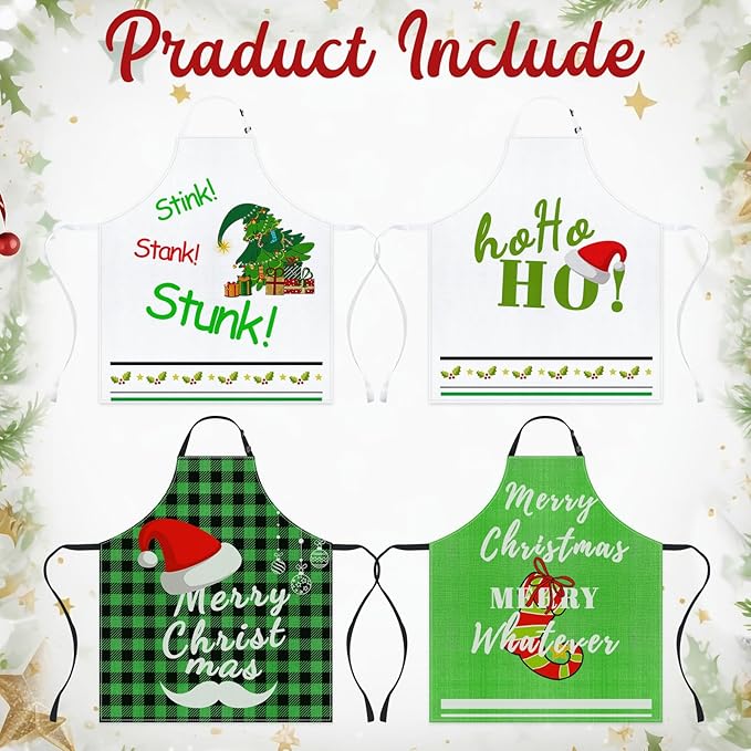 4Pcs Christmas Aprons Set - Adjustable Holiday Aprons with Christmas Tree, Stocking, Snowman for Family, Festive Kitchen Decor & Christmas Party Supplies