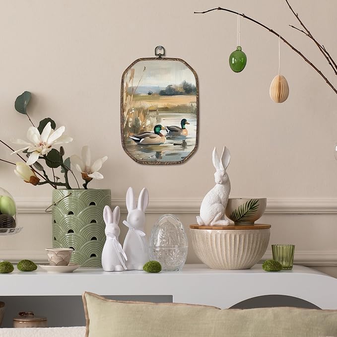 Yorhifa Vintage Mallard Duck Framed Wall Art, Countryside Lake Oval Wall Art, Wildlife Nature Pond Oval Walls Decor, Farmhouse Rustic Farm Animal Canvas Artwork Hanging Decor, 7x10.2 Inch