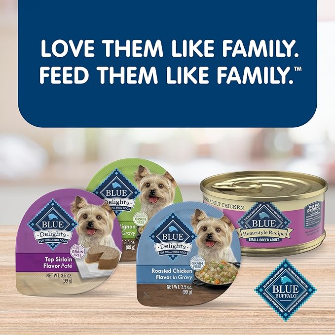 Blue Buffalo Delights Natural Adult Small Breed Wet Dog Food Cups, in Gravy, Chicken, Prime Rib and NY Strip 3.5-oz (24 Pack- 8 of Each Flavor)