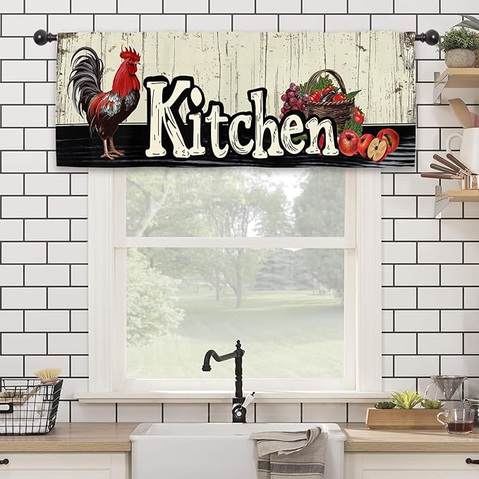 Rooster Chicken Kitchen Curtain Valance 54W x 18L Inch Farmhouse Rustic Country Rural Wood Wooden Fruit Rod Pocket Short Cafe Small Window Treatment Drapes Decor