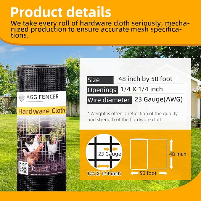 48in x 50ft Black Hardware Cloth 1/4 inch 23Ga PVC Coated Wire Mesh Vinyl Coated Fence, Welded Metal Chicken Wire Fencing Roll, Garden Plant Fencing, for Chicken Coop and Home Improvement