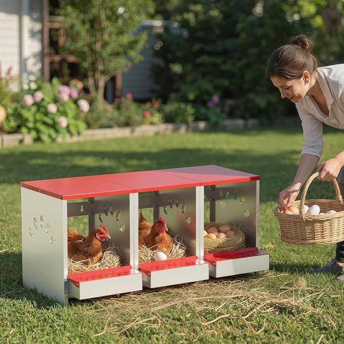 Chicken Nesting Boxes, 3 Hole Large Metal Hen Laying Box with Swing Perch and Roll Away Egg Collection, Wall Mountable with Vented Holes for Chickens Ducks Birds