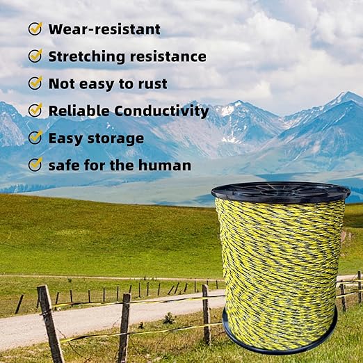 Upgraded Electric Fence Polywire 1722 Feet 525 Meters, 6 Stainless Steel Strands for Reliable Conductivity and Rust Resistance, Easy to Install,Portable Electric Fencing,Yellow and Black Color