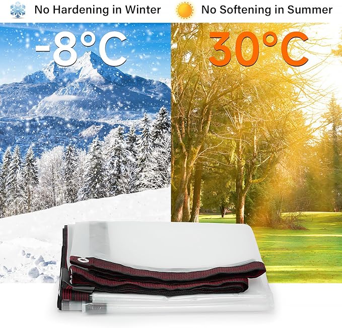 8X14FT Clear Waterproof Tarps (Increase Grommets,Windproof Rope Ties) Heavy Duty Poly Tarpaulin Outdoor Rainproof Covering, Clear Plastic Vinyl Tarp for Patio Enclosure Chicken Coop Tarp Cover