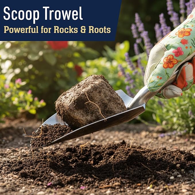Hand Gardening Tools 3 Pack with Cultivator Hand Rake, Transplanting Shovel, and Garden Trowel for Planting - Heavy Duty Cast Aluminum Garden Tool Set with Ergonomic Handles by Kings County Tools