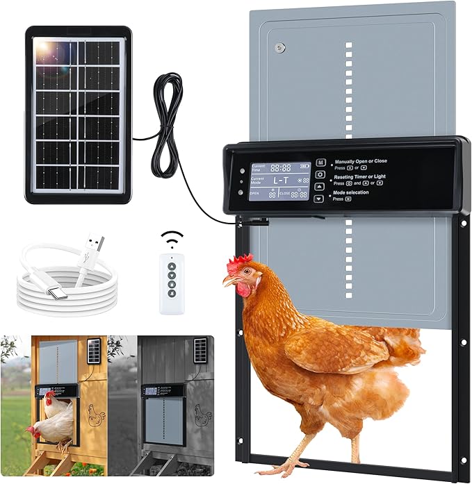 Automatic Chicken Coop Door Solar Powered, LCD Screen Electric Chicken Coop Door with Timer & Light Sensor, 4 Modes Solar Chicken Coop Door, Anti-Pinch & Door Pry Warning Coop Door with Remote Control