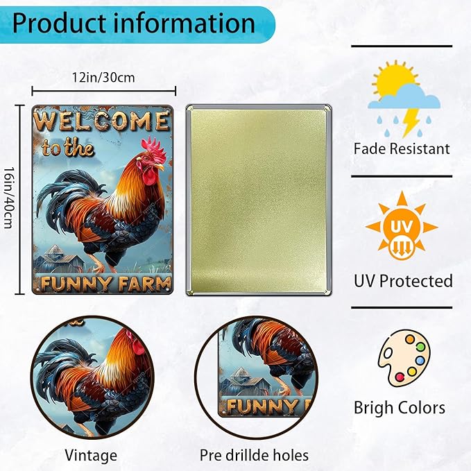 Funny Rooster Sign Welcome To The Funny Farm Rustic Tin Sign for Home Farm Chicken Coop Decor 16x12 Inch