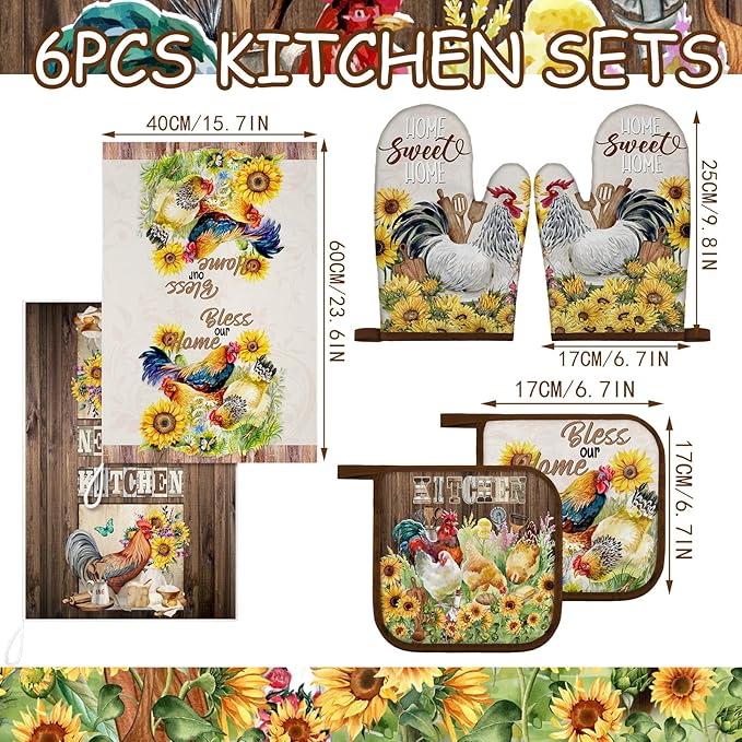 Leinuosen 6 Rooster Sunflower Farmhouse Kitchen Decor Dish Towels Oven Mitts and Pot Holders Sets Chicken Kitchen Towels Absorbent Decorative Accessories for Cooking Baking Grilling