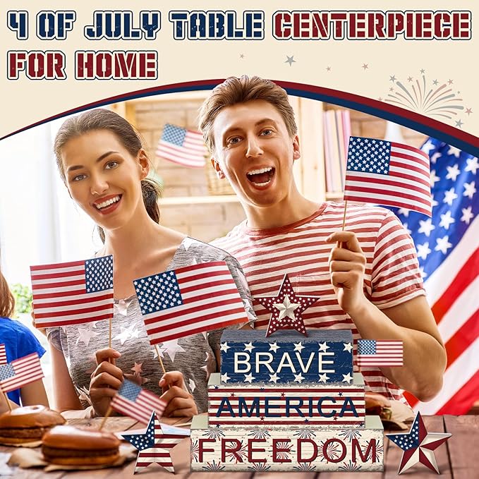 Geelin 4 Pieces 4 of July Table Decorations Patriotic Memorial Day Wooden Block Signs Red White Blue Tabletop Centerpieces Farmhouse Independence Day Tiered Tray Decor for Home 250th Anniversary