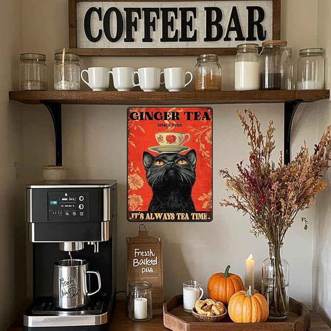 Funny Black Cat Tin Sign Ginger Tea It'S Always Tea Time Metal Sign Wall Decor For Home Cafe Bar Kitchen Poster 12x16 Inch