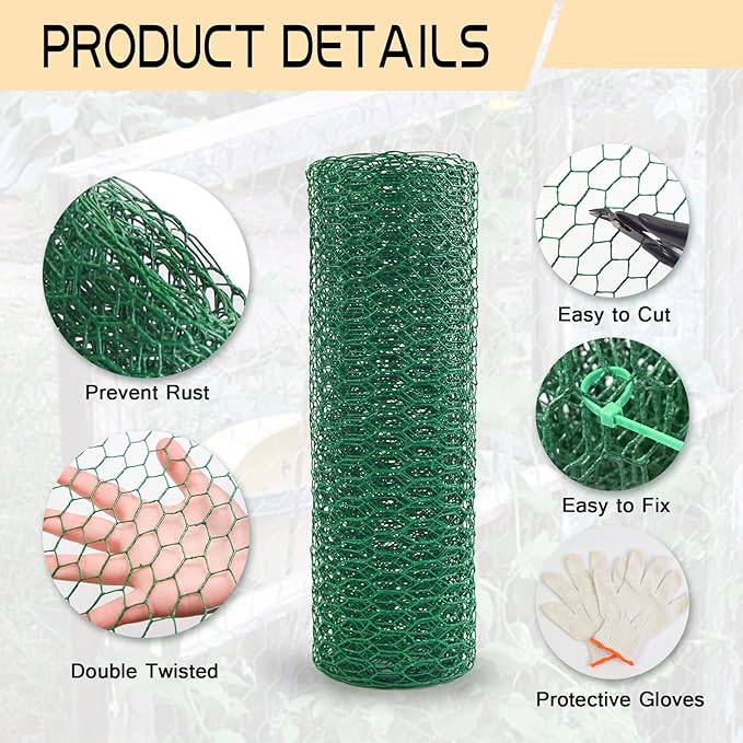 Chicken Wire 15.7in x 236in with a Pair of Gloves，1 Wire Cutter，50 Pcs Cable Zip Ties, Floral Chicken Wire Mesh 0.8in Hexagonal Galvanized PVC Coated Garden Netting Fence for Craft Poultry Garden