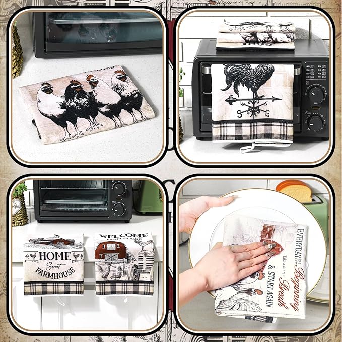 Bencailor 6 Pcs Farmhouse Kitchen Towels Chicken Rooster Kitchen Decor Farm Animal Hand Towels for Cooking Baking Housewarming Gift,15.75 x 23.62 inch(Retro Gray,Barn Farm)