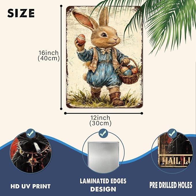 YoyaVex Bunny Metal Sign Vintage Easter Design With Decorative Eggs Rustic Wall Decor For Indoor Outdoor Use In Home Garden 12X16Inch