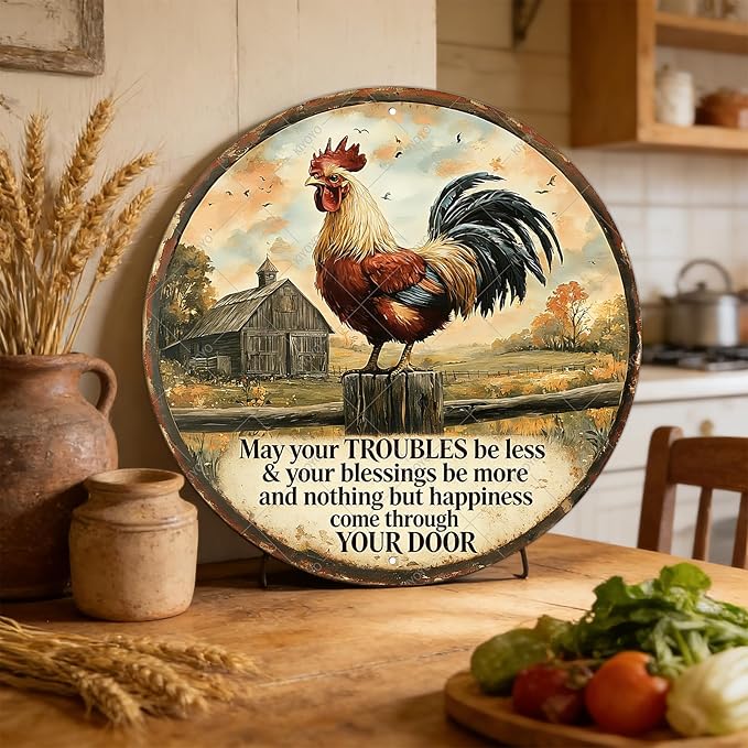 Rooster Kitchen Wall Decor Round Chicken Metal Signs Farm Rooster Crowing Sign Welcome To My Mother Kitchen Home Fence Wall Decor Vintage Chicken Coop Tin Poster 8 Inch