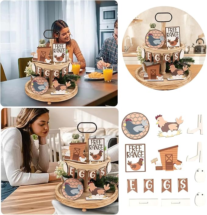 13 PCS Tiered Tray Decor Set for All Seasons-Farm Chicken Rustic Wooden Tiered Tray Sign，Hen Eggs Chik Decorative for Home Kitchen Table Shelf Bar