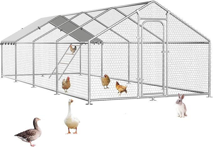 Large Metal Chicken Coop with Roosting Perch, Waterproof and UV Protection Cover, Chicken Run Outdoor Walk-in Cage Chicken Rabbit Duck Hen House for Yard Farm Use Spire Roof (10’ W x 26.2’ L x 6.4’ H)