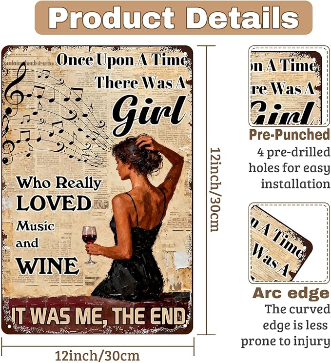 Vintage Once Upon A Time Girl Who Loved Music & Wine Tin Sign Rustic Metal Wall Art For Home Bar, Café, Kitchen, Music Room 8x12 Inch