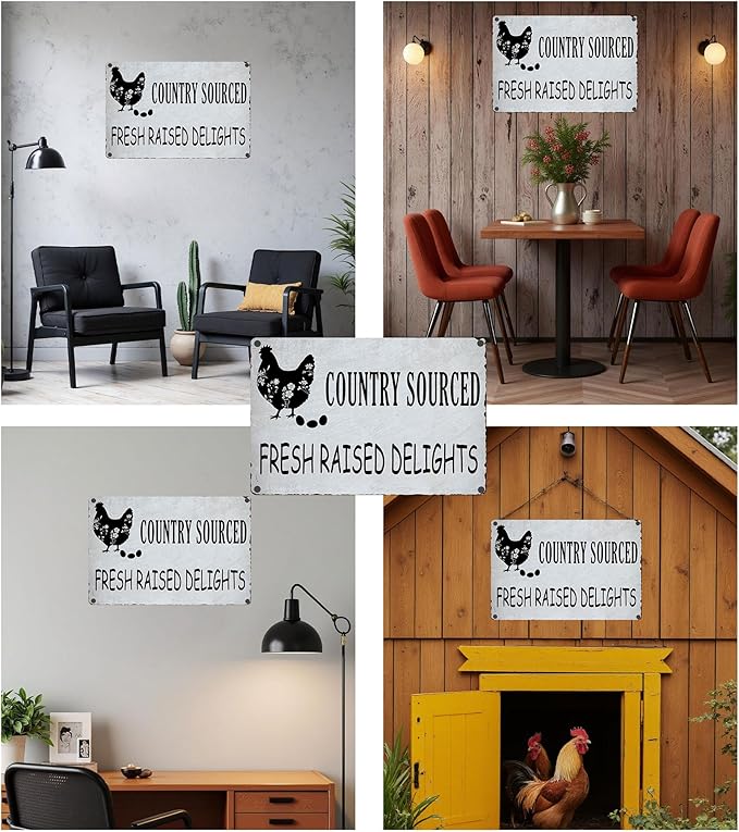 8x12-In Vintage Chicken Wall Sign – “Stroll Around See What You Find” Rustic Metal Art for Farmhouse Kitchen, Chicken Coop, Garden – Weatherproof Aluminum Decor, Funny Country Decor Gift - F