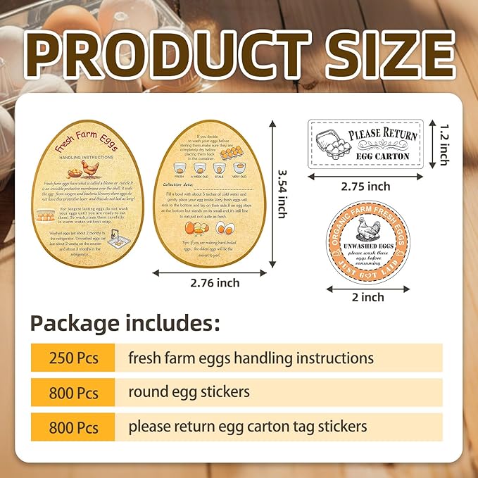 3 in 1 Total 1850pcs Farm Fresh Egg Stickers Set Including 250pcs Handing Instruction Cards,800pcs 2” Round Unwashed just got Laid Carton Stickers,800pcs Rectangular Please Return Egg Carton Labels