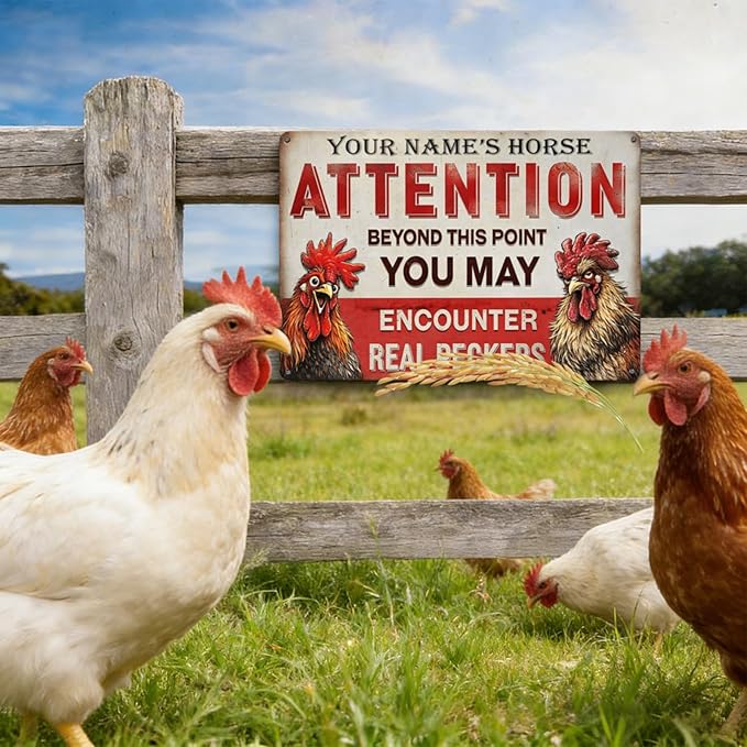 Custom Your Name Chicken Attention Sign Funny Farm Rooster Metal Tin Plaque Vintage Rustic Wall Decor for Backyard Barn
