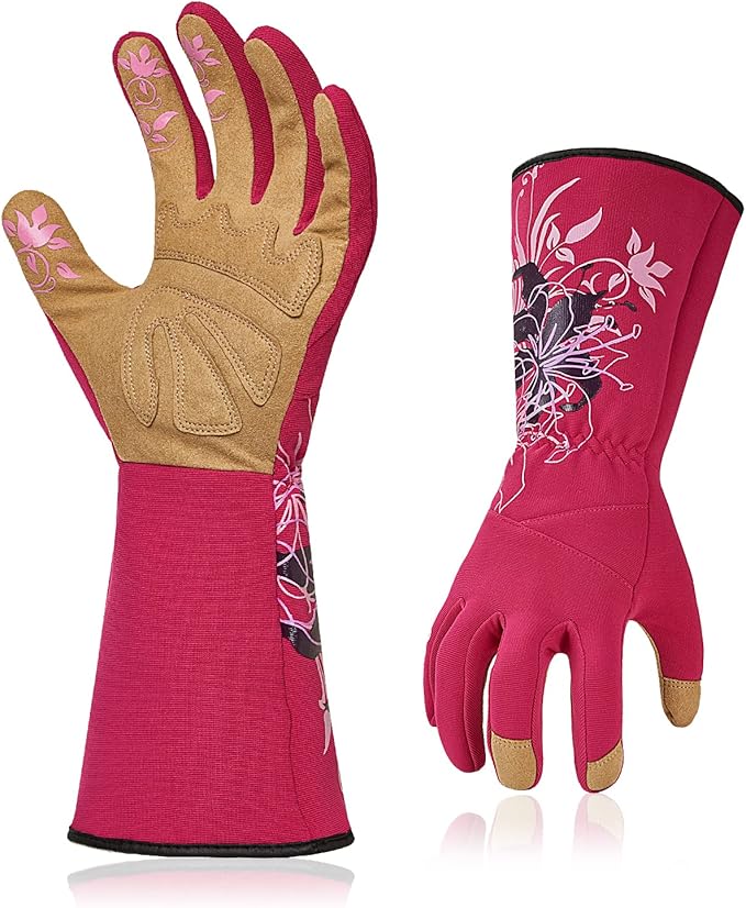 Vgo... 1-Pair Ladies' Synthetic Leather Gardening Gloves, Long Sleeves Gauntlet, Breathable & Grip Work Gloves, High Dexterity, Washable (Size M, Red, SL7445)