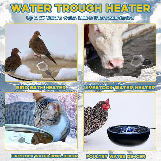 Varesee 500W Chicken Water Deicer, 50Gal for Plastic Waterer, Liverstock Water Heater, Cast Aluminum Submersible De-icer, Bird Bath Deicer with Built-in Thermostat Control