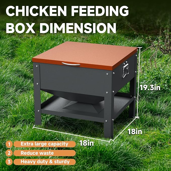 Metal Chicken Feeding Box, 80 lbs Large Capacity Portable, Waterproof Lid, Hens and Roosters, No Waste Coop Poultry, Galvanized Steel Feeder Standing for Chickens (Orange)