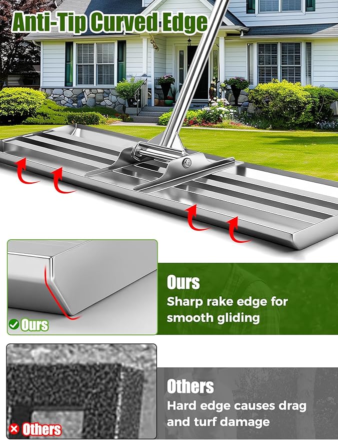 Lawn Leveling Rake 30"x10", Professional-Grade Stainless Steel Lawn Leveler Tool with 78" Adjustable Handle, Heavy Duty Anti-Fracture Connectors, Landscape Rake for Backyard, Garden, Golf Course, Farm