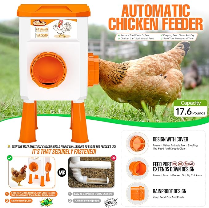 Chicken Feeder and Waterer Set, 2.1 Gallon/17.6 Pounds, Automatic Chick Feeder and Waterer Set No Waste, Chicken Lover Gifts for Women Men